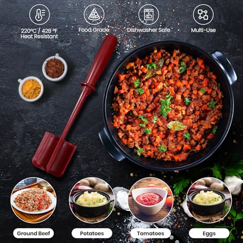 CUNSENR Premium Meat Chopper - 5 Curve Blade Ground Beef Smasher Tool - Heat-Resistant Nylon Meat Masher for Ground Beef, Hamburger, Potatoes - Non-Stick Ground Meat Chopper for Easy Mixing - Red - Image 2