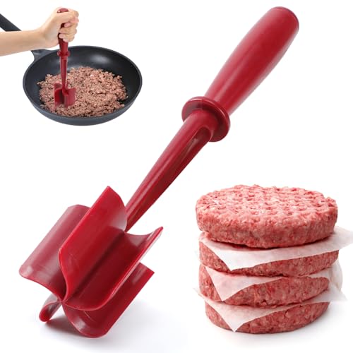 CUNSENR Premium Meat Chopper - 5 Curve Blade Ground Beef Smasher Tool - Heat-Resistant Nylon Meat Masher for Ground Beef, Hamburger, Potatoes - Non-Stick Ground Meat Chopper for Easy Mixing - Red - Image 1