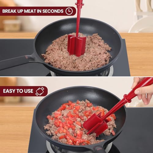 CUNSENR Premium Meat Chopper - 5 Curve Blade Ground Beef Smasher Tool - Heat-Resistant Nylon Meat Masher for Ground Beef, Hamburger, Potatoes - Non-Stick Ground Meat Chopper for Easy Mixing - Red - Image 5