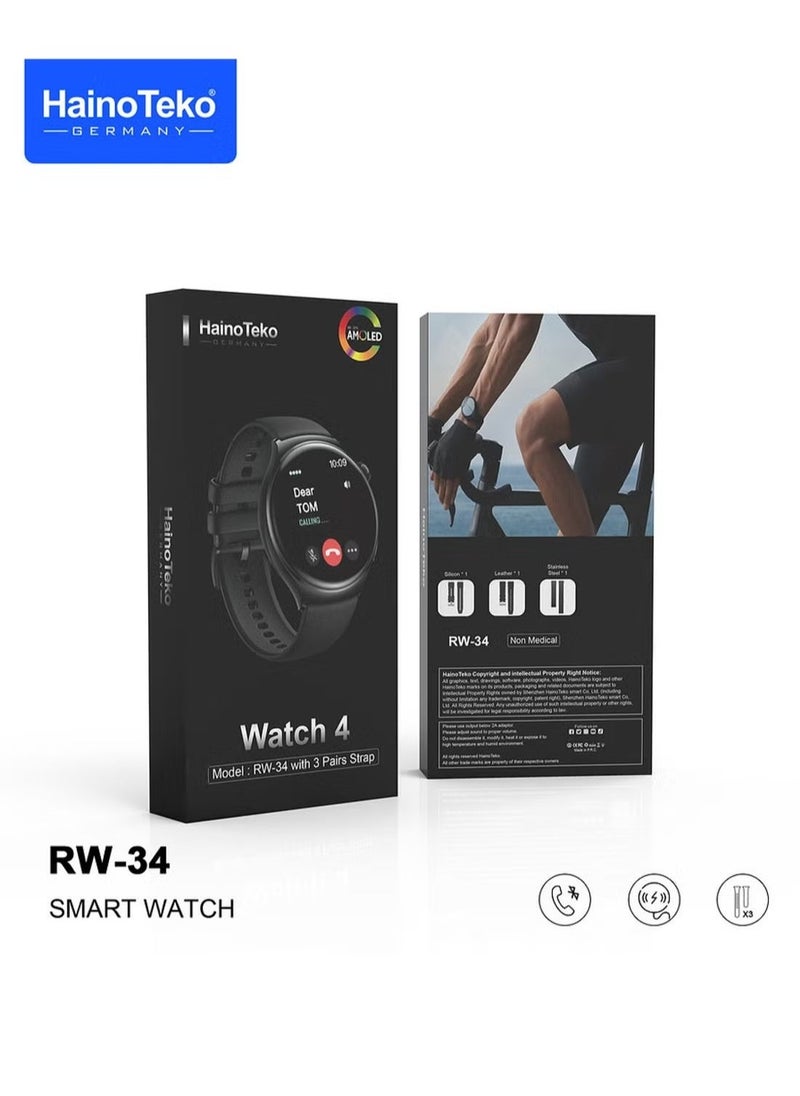 Haino Teko - RW-34 AMOLED Display Smart Watch for Men and Boys – Stylish and Durable with 3 Interchangeable Straps, Fitness Tracker, Heart Rate Monitor, Waterproof, Long Battery Life – Perfect for Daily Wear and Sports Activities - Image 1