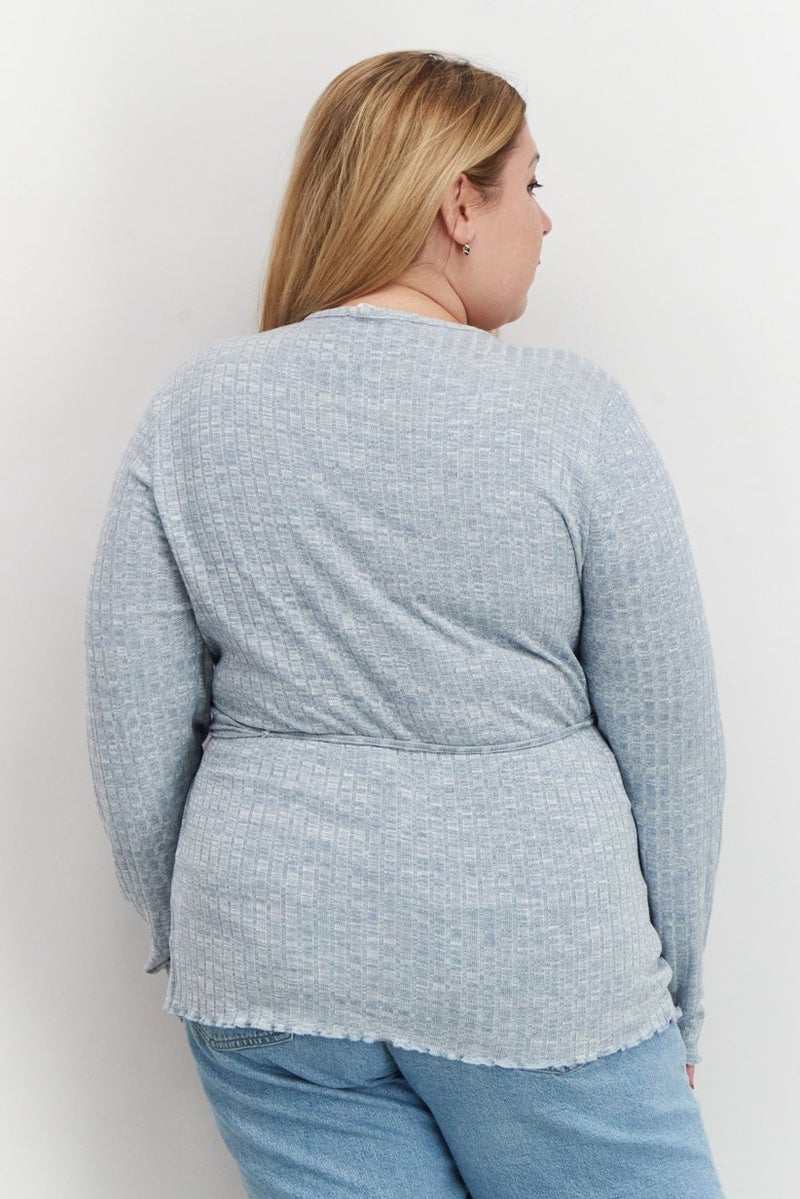 Rebellious One Women Plus Size Surplice Neck Long Sleeves Knitted Wrap Blouse, Dusty Blue - Image 3