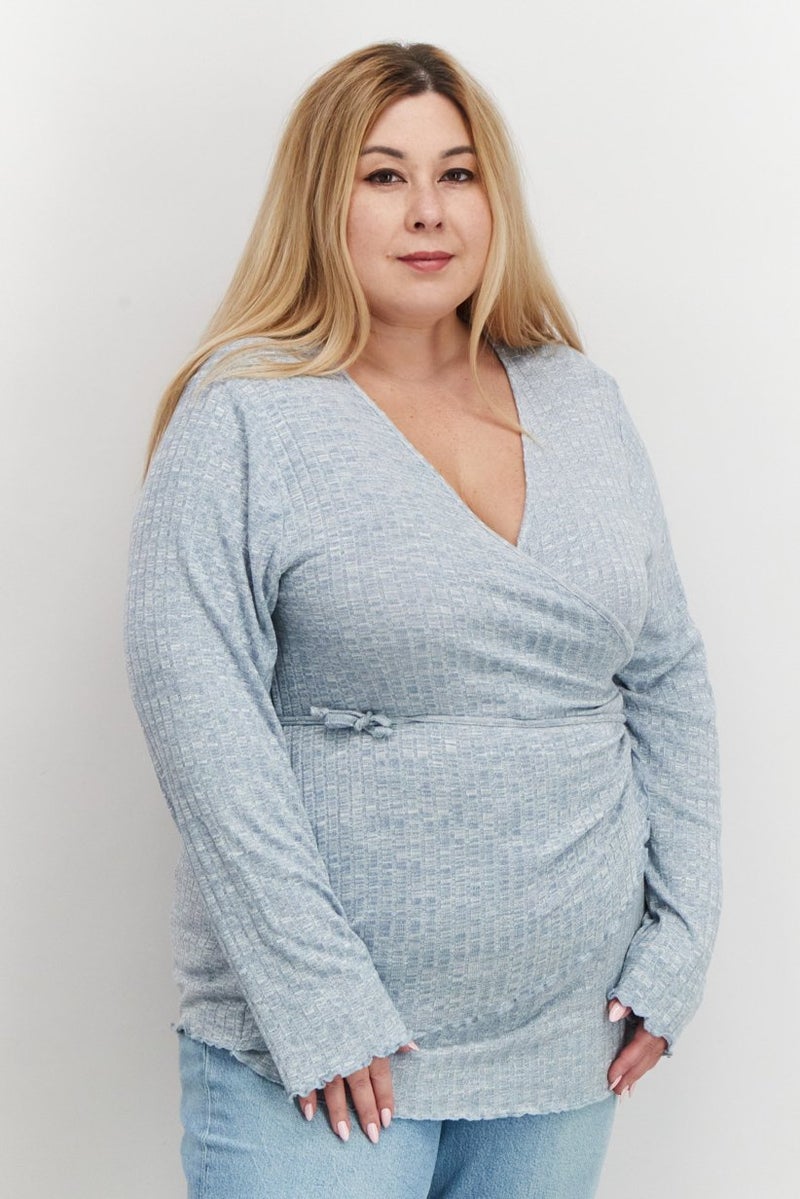Rebellious One Women Plus Size Surplice Neck Long Sleeves Knitted Wrap Blouse, Dusty Blue - Image 1