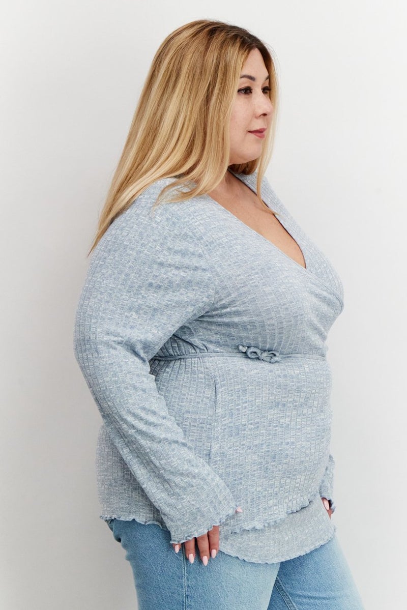 Rebellious One Women Plus Size Surplice Neck Long Sleeves Knitted Wrap Blouse, Dusty Blue - Image 2