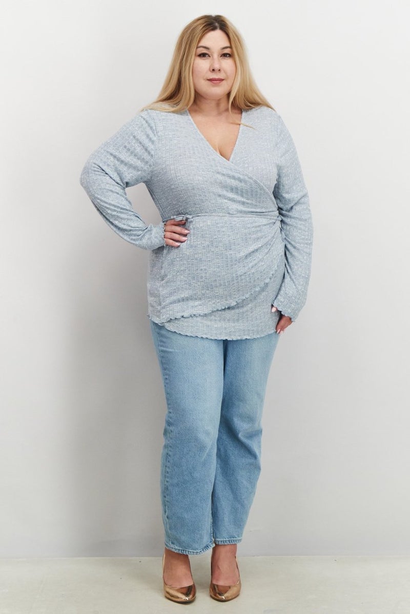 Rebellious One Women Plus Size Surplice Neck Long Sleeves Knitted Wrap Blouse, Dusty Blue - Image 2