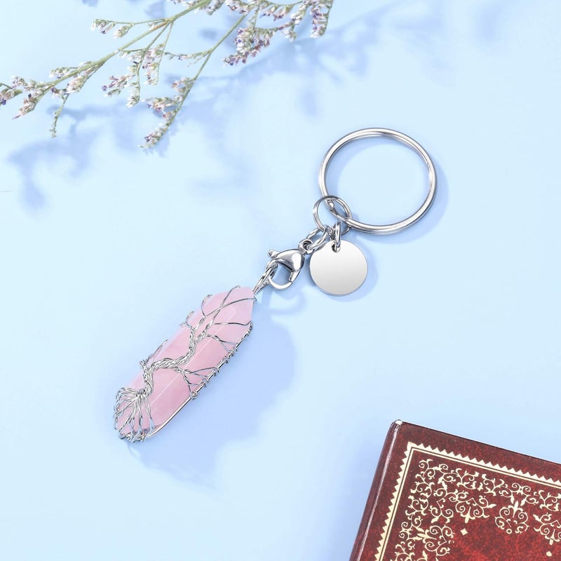CrystalTears Rose Quartz Healing Crystal Keyring with Silver Tree Life Wire Wrapped Hexagonal Pendant - Image 2