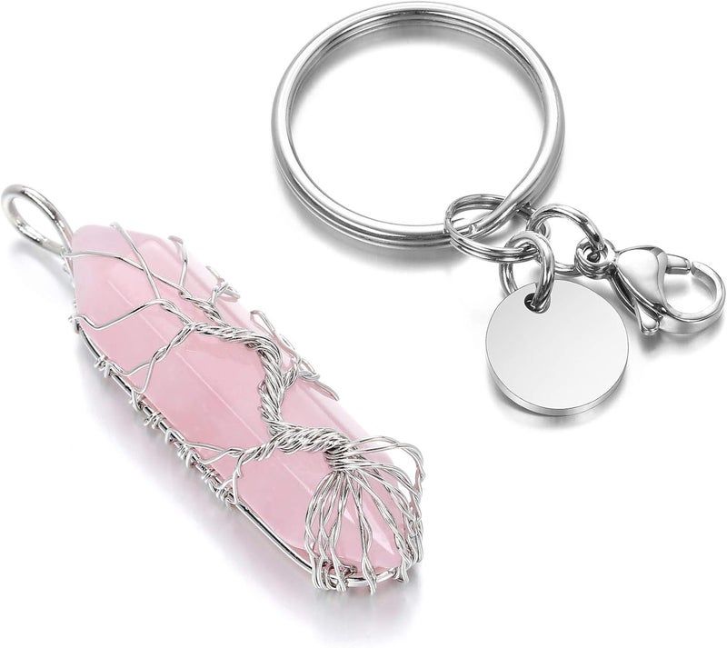 CrystalTears Rose Quartz Healing Crystal Keyring with Silver Tree Life Wire Wrapped Hexagonal Pendant - Image 5