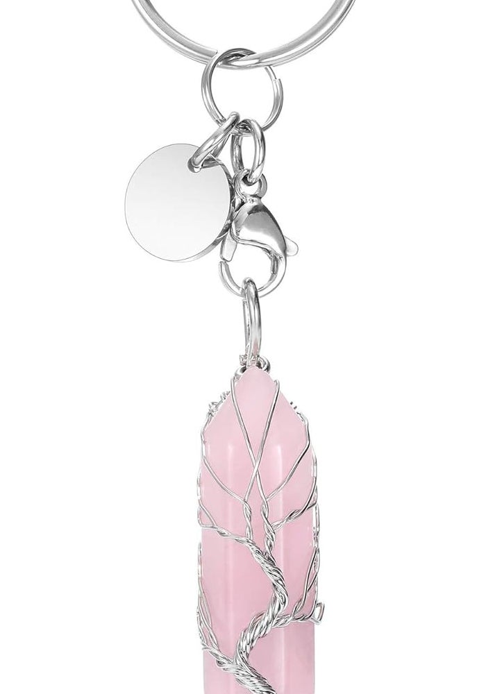 CrystalTears Rose Quartz Healing Crystal Keyring with Silver Tree Life Wire Wrapped Hexagonal Pendant - Image 1