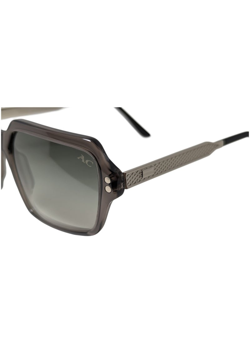 Authentic Armando Cavelli sunglasses, crafted from carefully selected premium acetate for a luxurious look and longevity with extensive use. This model combines modernity and classic style, with a raw grey acetate front and gunmetal -plated metal temples to complete your luxury look. Comes with premium polymer lenses offer UV400 protection in a gradient olive green
