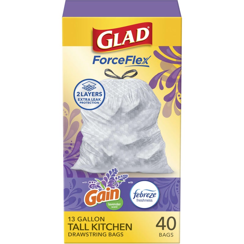 Glad ForceFlex Tall Kitchen Trash Bags, 13 Gallon, Gain Lavender, 40 Count (Package May Vary) - Image 1