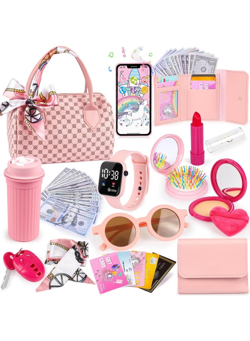 AM ANNA Play Purse for Little Girls, 32PCS Toddler Purse with Pretend Makeup for Kids, Princess Toys Includes Handbag, Phone, Wristwatch, Silk Scarf Kids Toy Purse Birthday Gift for Girls 3 + - Image 1