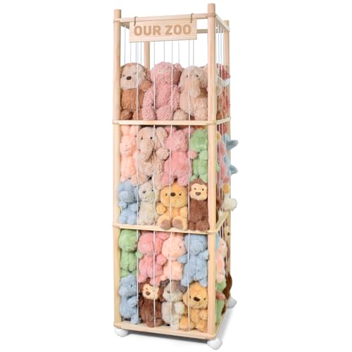 BENCHRY Stuffed Animal Storage Wooden Cute Zoo Toy Holder with Brake Wheels Space Save Toy Organizer Large Capacity Stuffed Animal Holder Perfect for Nursery Playroom Kidroom Bedroom54 Inch - Image 1