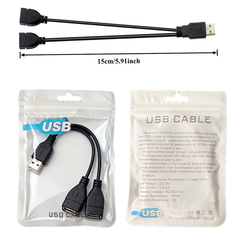 USB 2.0 Splitter Cable 1 in 2 Out, USB A Male to Dual USB A Female Y Splitter Adapter for High-Speed Data Transfer and Charging, Compatible with PC PS5 Xbox Car Printer Keyboard Mouse Flash Drive, 5.91inch/1Pc - Image 1