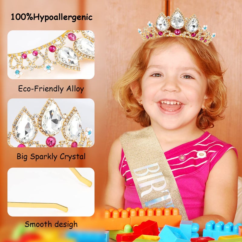 Aprince Birthday Decorations for Girls, Aprince Rapunzel tiara and sash for birthday party, Gold Princess Crystal crown Headband for Kids Birthday Hair Accessories for children - Image 3