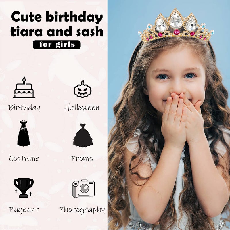 Aprince Birthday Decorations for Girls, Aprince Rapunzel tiara and sash for birthday party, Gold Princess Crystal crown Headband for Kids Birthday Hair Accessories for children - Image 5