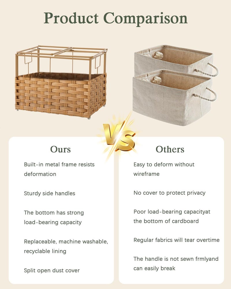SETVSON Storage Basket with Lid Woven Wicker Baskets with 2 Separate Lid, 9.2 Gallon (35 L) Wicker Storage Bins with Handles, Foldable and 2 Removable Liner Bags for Bedroom, Laundry Room Natural - Image 5