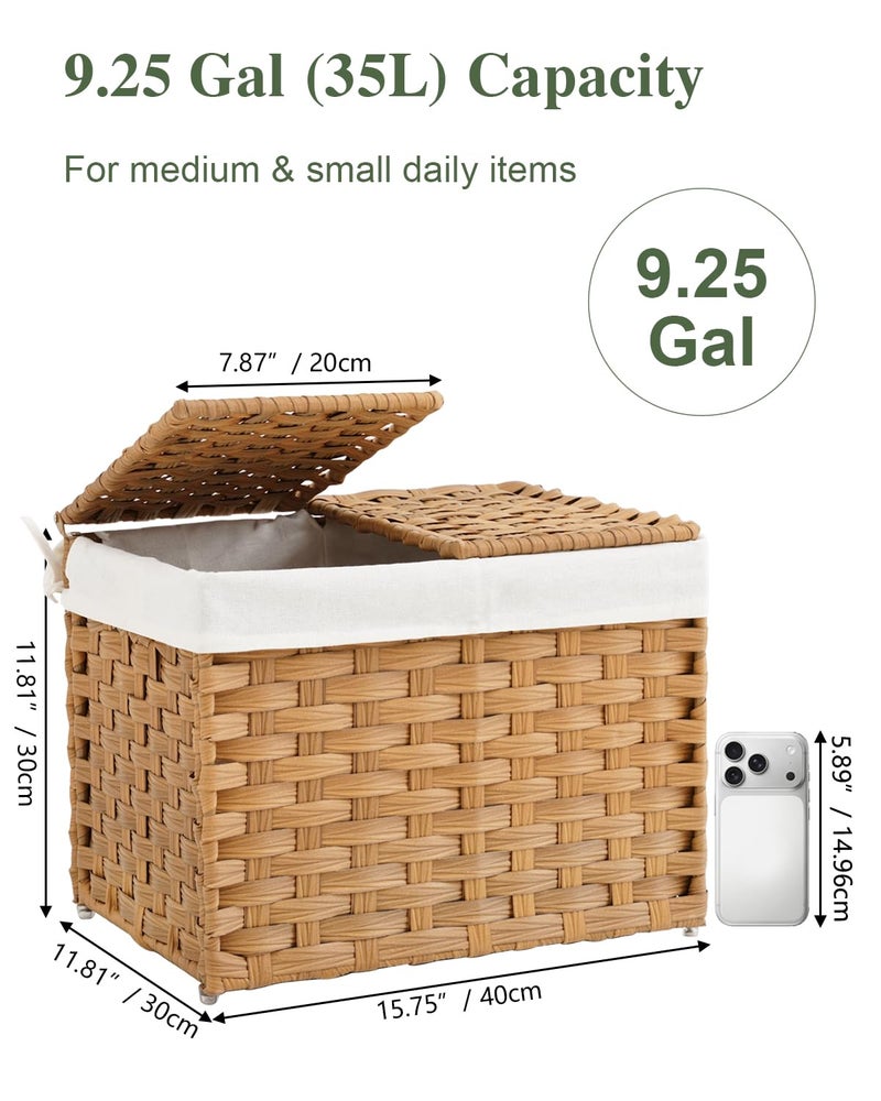 SETVSON Storage Basket with Lid Woven Wicker Baskets with 2 Separate Lid, 9.2 Gallon (35 L) Wicker Storage Bins with Handles, Foldable and 2 Removable Liner Bags for Bedroom, Laundry Room Natural - Image 2
