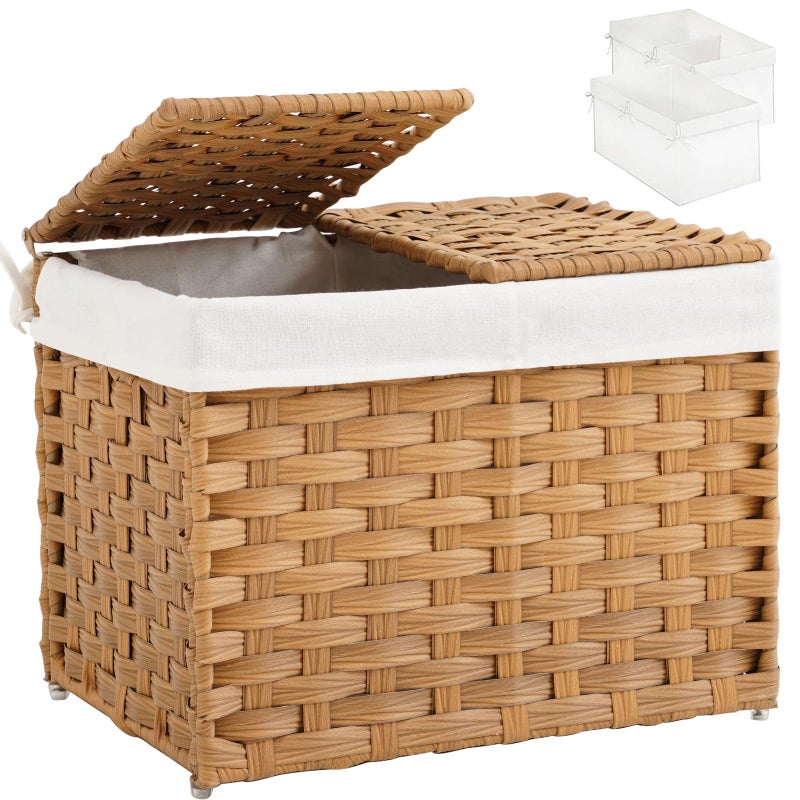 SETVSON Storage Basket with Lid Woven Wicker Baskets with 2 Separate Lid, 9.2 Gallon (35 L) Wicker Storage Bins with Handles, Foldable and 2 Removable Liner Bags for Bedroom, Laundry Room Natural - Image 1