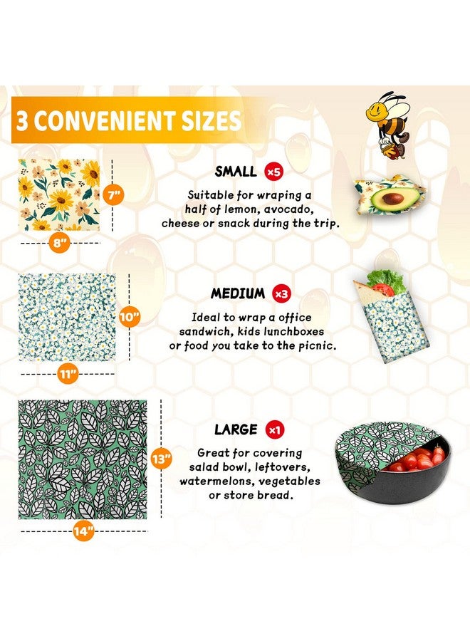 PICcircuit Beeswax Wrap, 9 Pack Beeswax Wraps for Food Storage, Organic, Sustainable, Beeswax Food Wraps, Zero Waste Reusable Food Wrap Beeswax Paper 1L, 3M, 5S Plants Pattern Sandwich Wrappers - Image 2