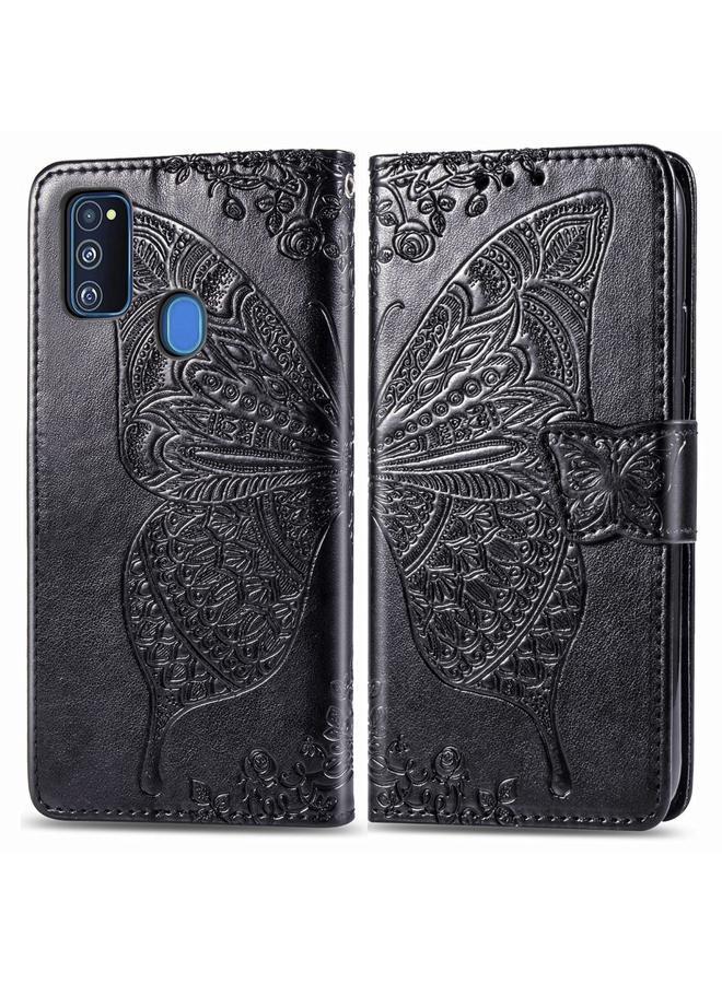 زبون جراب لهاتف Galaxy M30s من الجلد المنقوش بنقشة زهور الحب على شكل فراشة مع حامل وحبل وفتحة للبطاقات - Image 2