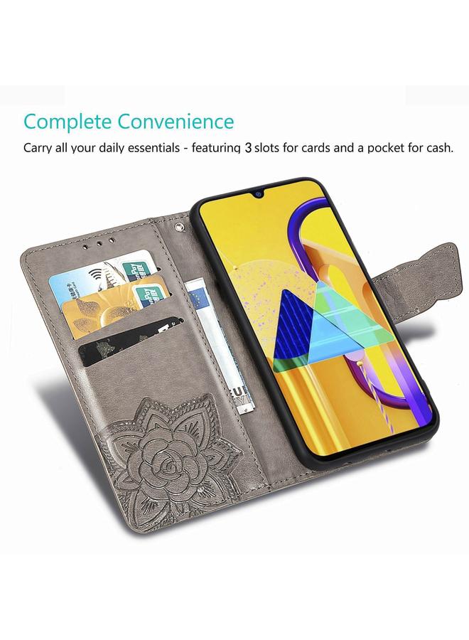 زبون جراب لهاتف Galaxy M30s من الجلد المنقوش بنقشة زهور الحب على شكل فراشة مع حامل وحبل وفتحة للبطاقات - Image 5