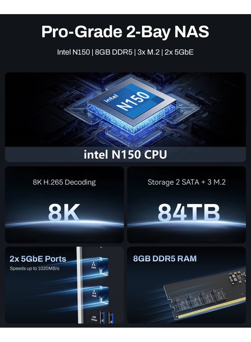TERRAMASTER TERRAMASTER F2-425 Plus NAS Storage – 2Bay Intel N150 Quad-Core CPU, 8GB RAM DDR5, 5GbE LAN x 2, M.2 Slot x 3, Network Attached Storage for Teamwork, Multimedia Server (Diskless) - Image 2