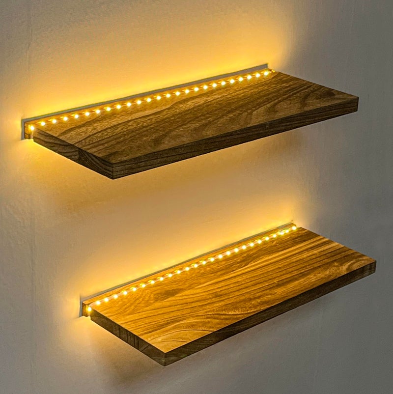 Comtelek Floating Shelves for Wall Decor Wood Wall Mounted Shelves with LED Lights Set of 2, Sturdy Rustic Wood Shelves Farmhouse Shelf Hanging for Bedroom, Bathroom, Living Room, Kitchen, Corner, Book - Image 1