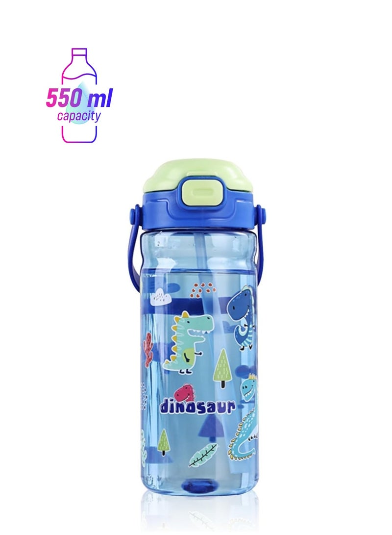 يو كيه آر زجاجة مياه بأزرار من UKR للأطفال | 550 مل موضوع الديناصور الأزرق | زجاجة شرب أوتوماتيكية مقاومة للتسرب سعة 18 أونصة لأطفال المدارس والأطفال الصغار | خالية من مادة BPA وقابلة لإعادة التعبئة - Image 1