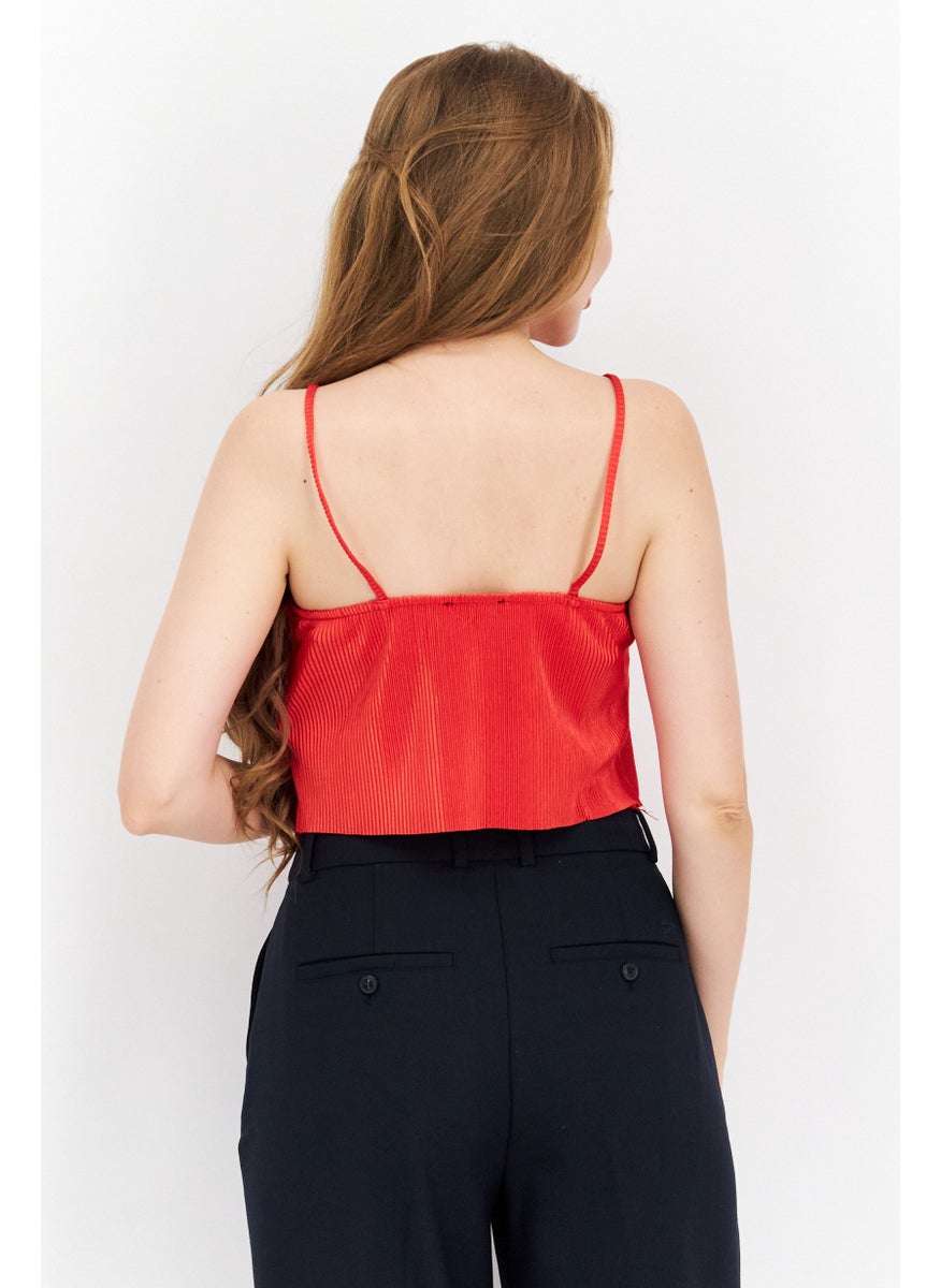 Don't Call Me Jennyfer - Women V-Neck Sleeveless Solid Top, Red - Image 1