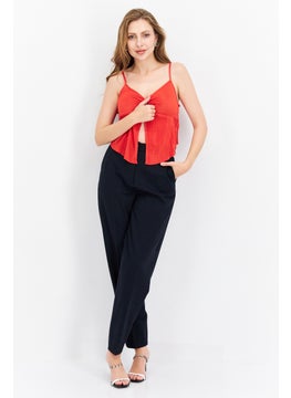 Women V-Neck Sleeveless Solid Top, Red