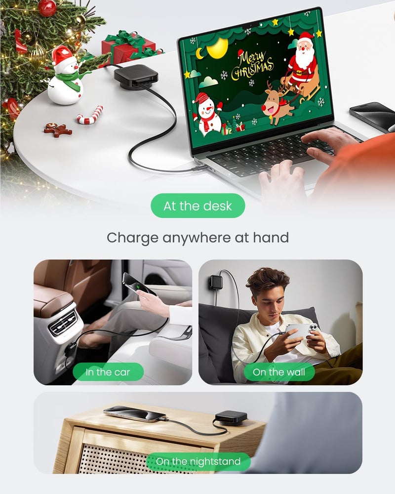 فاسجير كابل Fasgear القابل للسحب من USB-C، علبة مزدوجة، شحن سريع بقوة 60 واط PD/PPS، كابل شاحن قابل للسحب من USB-C إلى USB-C 2.0 لهاتف آي-فون 17 16 برو ماكس/آي-باد/ماك-بوك/سامسونج، كابل مكتبي من النوع C قابل للدوران 360 درجة (أسود) - Image 3