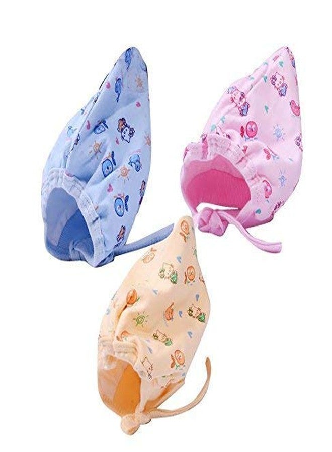 Gilli Shopee Newborn Baby Soft Pure Cotton Caps with Tai Knot and Bonnet Infant Unisex Hat/Topi Printed 100% Cotton Housiry caps with taing Knot dori Pack of 3pcs (Coloured, 3-6 Months) - Image 1