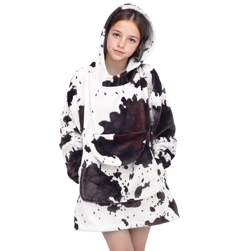 cow print Wearable Blanket Hoodie Cozy Soft Brown and White Oversize Sweatshirt Blanket Hoodies Gifts for Teens Girls Boys 6-13 Year Old - Image 1