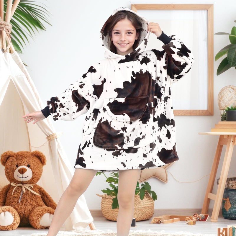 cow print Wearable Blanket Hoodie Cozy Soft Brown and White Oversize Sweatshirt Blanket Hoodies Gifts for Teens Girls Boys 6-13 Year Old - Image 2
