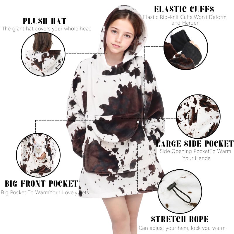 cow print Wearable Blanket Hoodie Cozy Soft Brown and White Oversize Sweatshirt Blanket Hoodies Gifts for Teens Girls Boys 6-13 Year Old - Image 4
