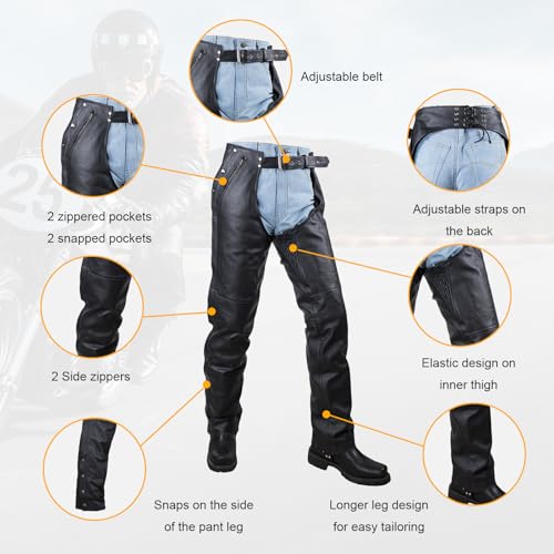 GARGOYLE BELLS Motorcycle Leather Chaps for Men & Women, Black Cowboy Biker Riding Chaps Multi-Pocket Split Soft Leather Pants with Zipout liner - Image 3