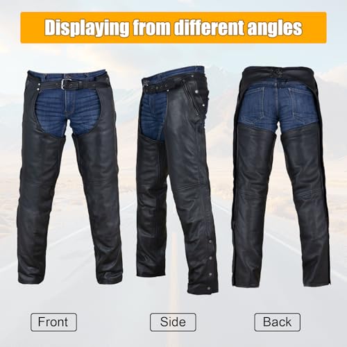GARGOYLE BELLS Motorcycle Leather Chaps for Men & Women, Black Cowboy Biker Riding Chaps Multi-Pocket Split Soft Leather Pants with Zipout liner - Image 5