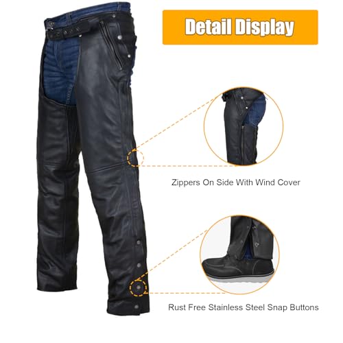 GARGOYLE BELLS Motorcycle Leather Chaps for Men & Women, Black Cowboy Biker Riding Chaps Multi-Pocket Split Soft Leather Pants with Zipout liner - Image 4