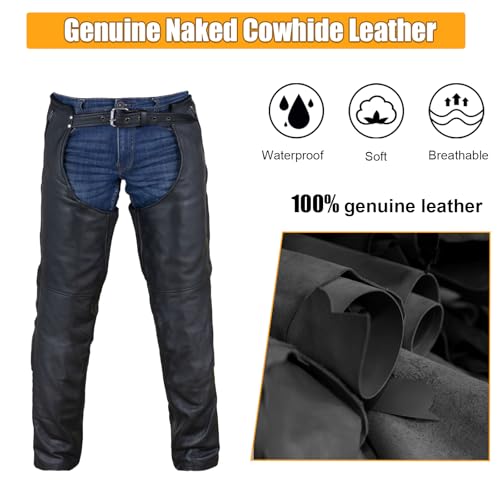 GARGOYLE BELLS Motorcycle Leather Chaps for Men & Women, Black Cowboy Biker Riding Chaps Multi-Pocket Split Soft Leather Pants with Zipout liner - Image 2