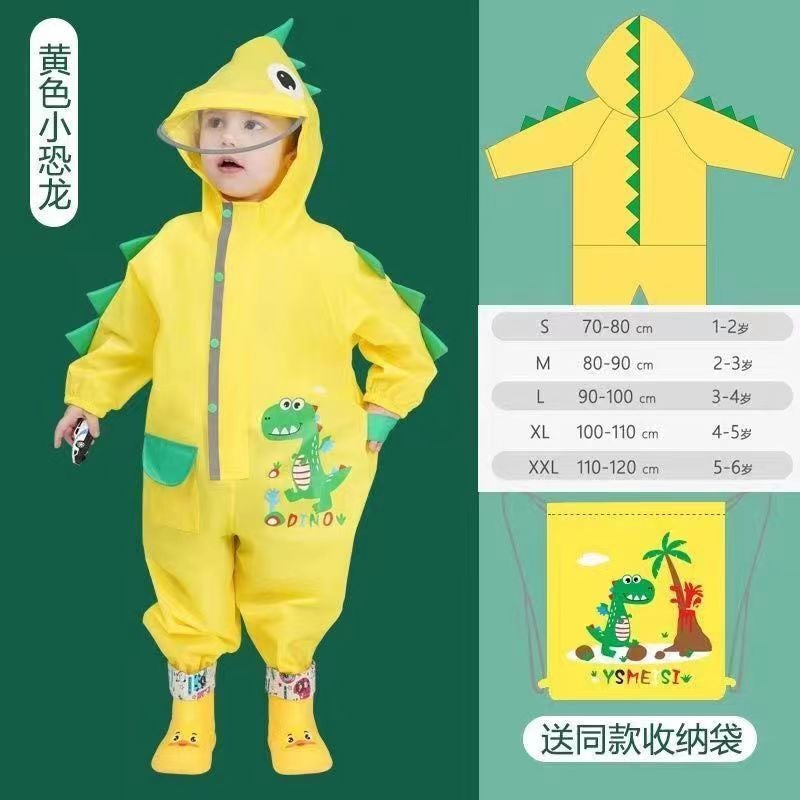Childrens one-piece raincoat boys and girls kindergarten baby rainproof poncho student rain gear raincoat rain pants suit 708 little dinosaur [yellow]]