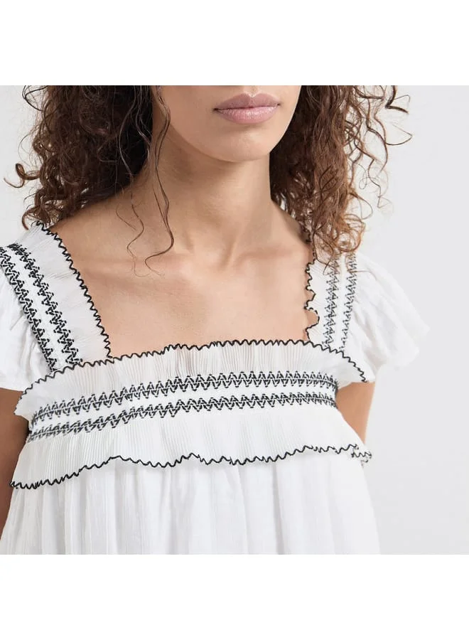 Splash FAV Textured Square Neck Top with Cap Sleeves and Ruffle Detail