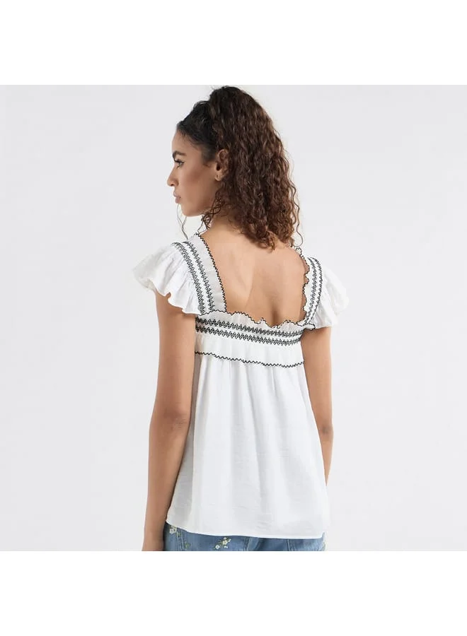 Splash FAV Textured Square Neck Top with Cap Sleeves and Ruffle Detail