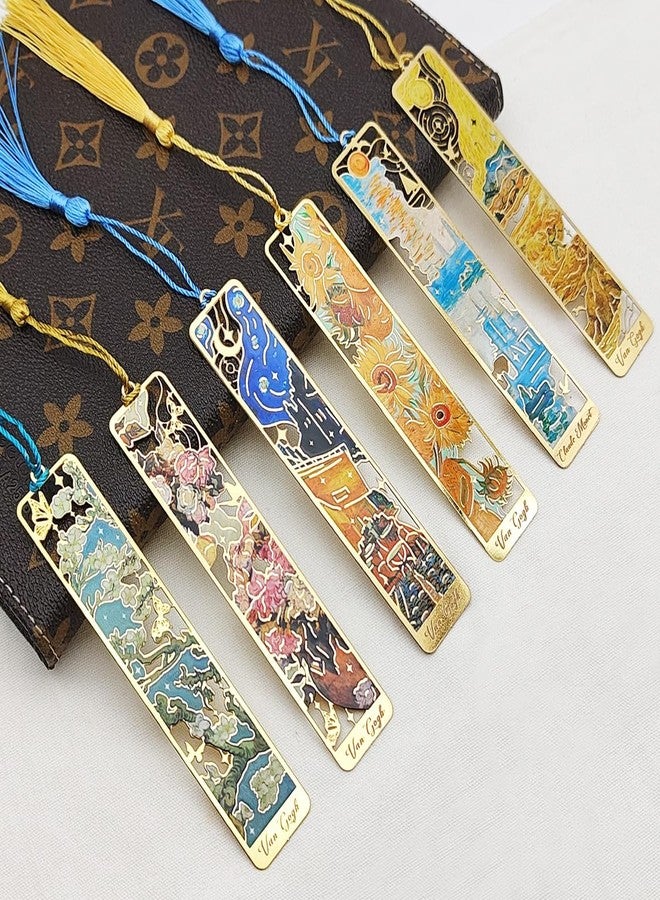 FineGood 6 Pcs Metal Bookmark with Tassels, FineGood Golden Hollow Bookmarks for Women Oil Painting Book Marks for Reading Book Lovers - Image 3