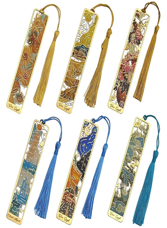 FineGood 6 Pcs Metal Bookmark with Tassels, FineGood Golden Hollow Bookmarks for Women Oil Painting Book Marks for Reading Book Lovers - Image 1