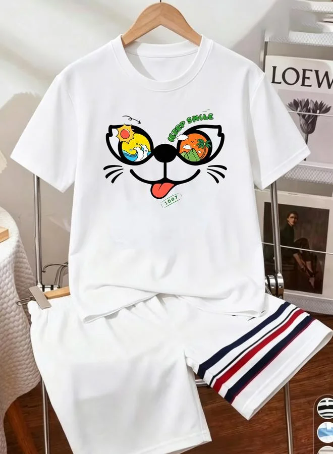 Take Two Kids White Short Sleeve T-Shirt with Fun Cartoon Print