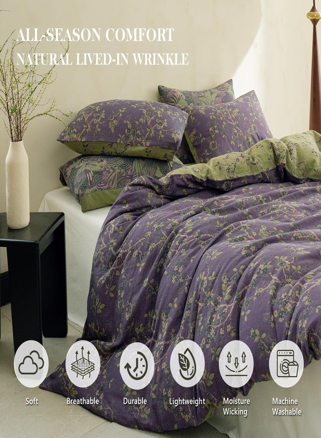 Simple&Opulence طقم غطاء لحاف من الموسلين من Simple&Opulence، مقاس كوين، قطن مغسول 100%، 3 قطع، مصبوغ بالغزل، بنقشة زهور جاكار عتيقة باللون البنفسجي، غطاء لحاف ناعم ومسامي من الشاش مع سحاب للإغلاق. - Image 3