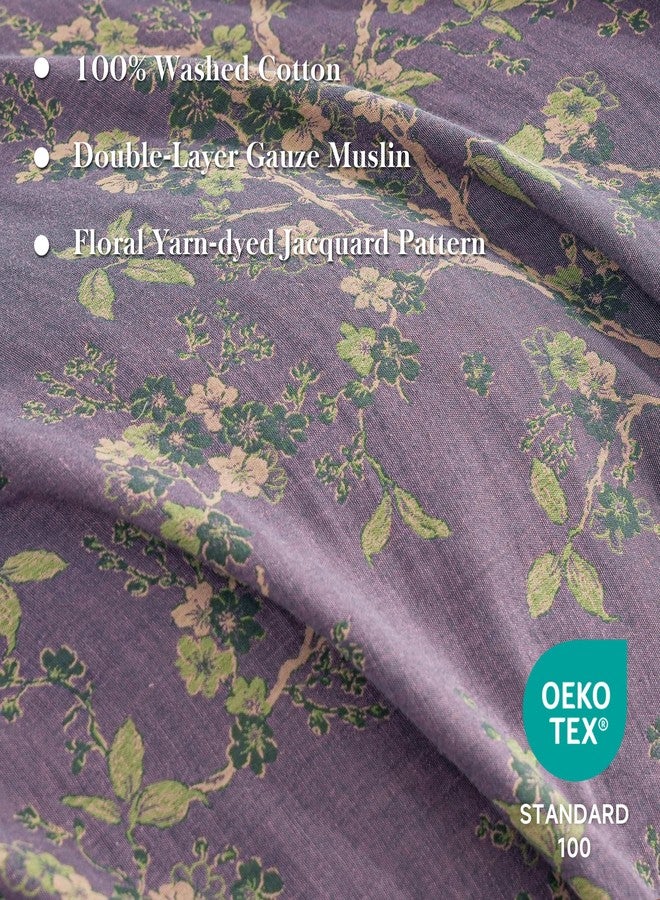Simple&Opulence طقم غطاء لحاف من الموسلين من Simple&Opulence، مقاس كوين، قطن مغسول 100%، 3 قطع، مصبوغ بالغزل، بنقشة زهور جاكار عتيقة باللون البنفسجي، غطاء لحاف ناعم ومسامي من الشاش مع سحاب للإغلاق. - Image 2