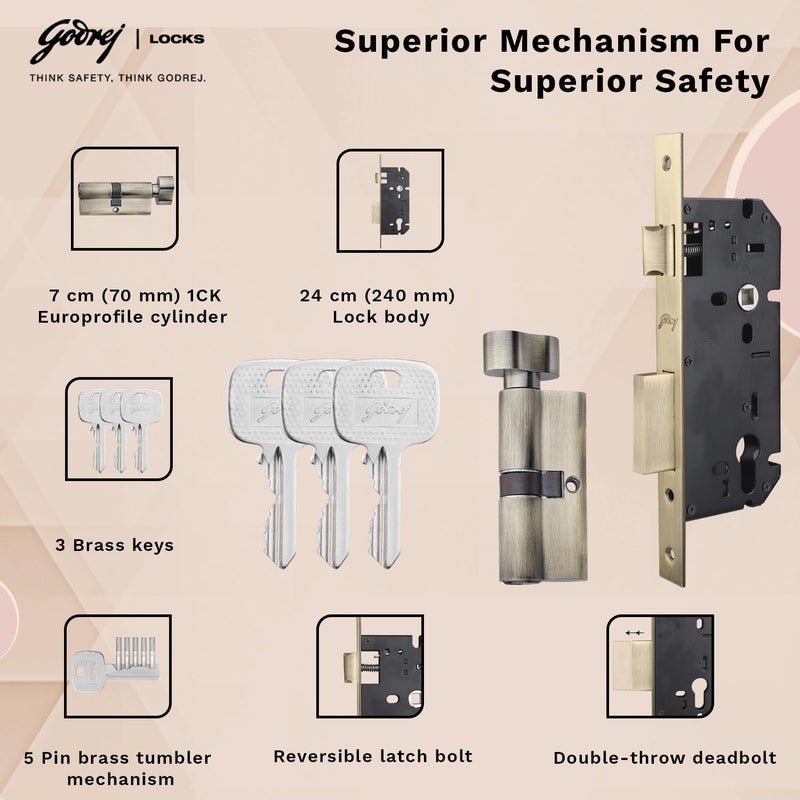 Godrej Locking Solutions and Systems Godrej Mortise LockHandle Lock Set for Main Bedroom DoorHDH 08 Rossette Home Dcor HandleMatte Antique Brass Finish9 Inch Lockbody60 mm 1CK Cylinder Knob from Inside 3 Keys 5 Y Warranty  - Image 3