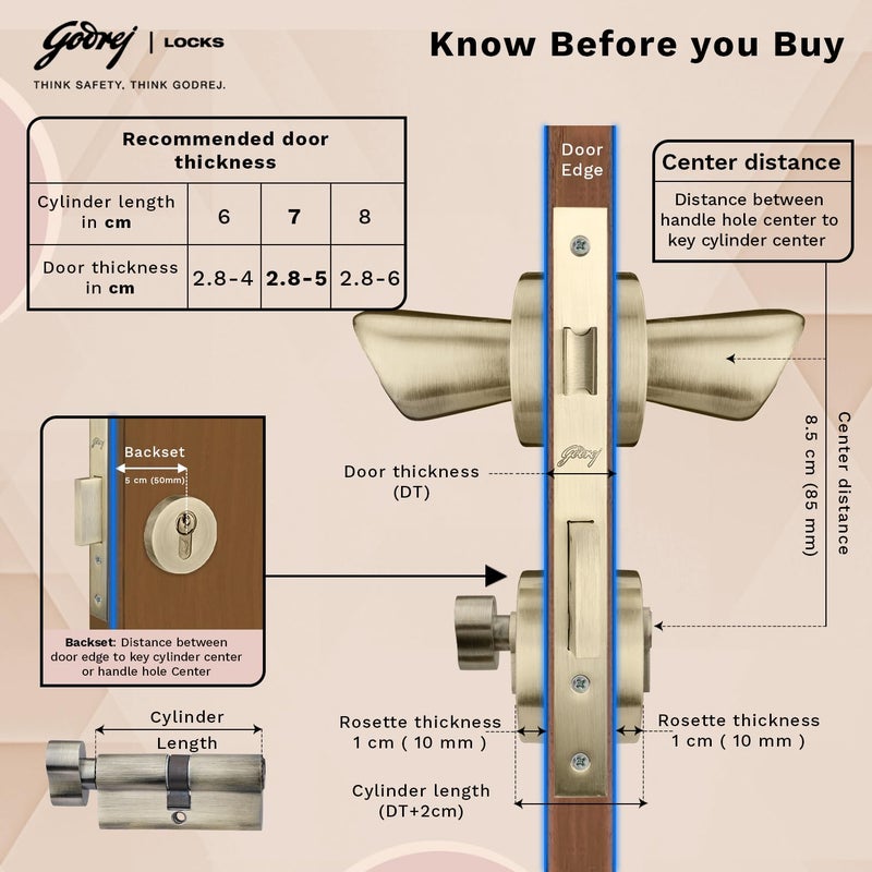 Godrej Locking Solutions and Systems Godrej Mortise LockHandle Lock Set for Main Bedroom DoorHDH 08 Rossette Home Dcor HandleMatte Antique Brass Finish9 Inch Lockbody60 mm 1CK Cylinder Knob from Inside 3 Keys 5 Y Warranty  - Image 4