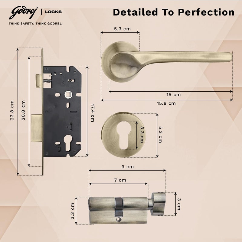 Godrej Locking Solutions and Systems Godrej Mortise LockHandle Lock Set for Main Bedroom DoorHDH 08 Rossette Home Dcor HandleMatte Antique Brass Finish9 Inch Lockbody60 mm 1CK Cylinder Knob from Inside 3 Keys 5 Y Warranty  - Image 5