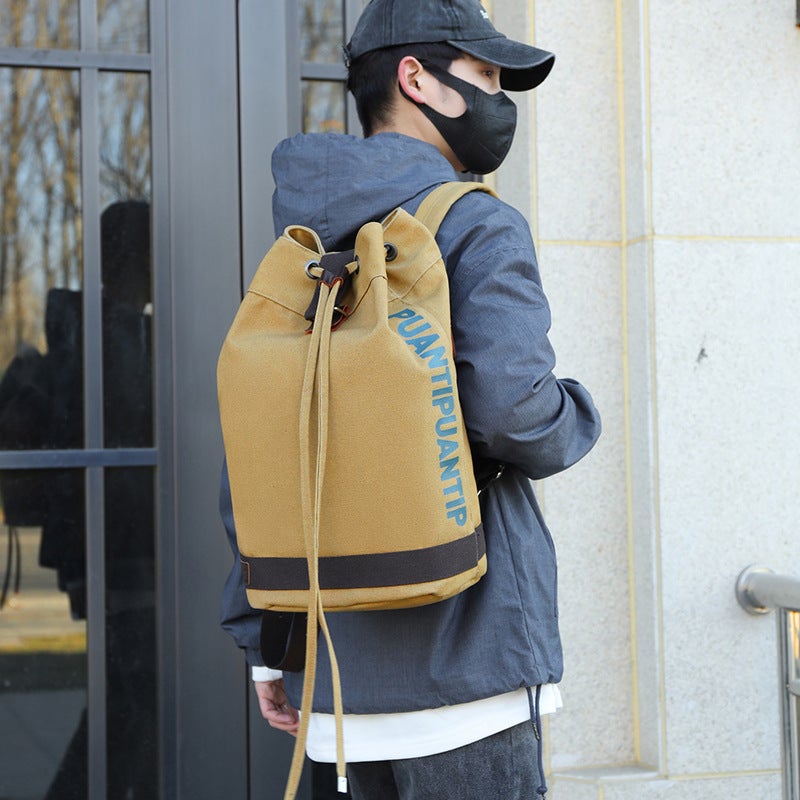 Bucket Drawstring Backpack Canvas Men'S Denim Large Capacity Luggage Outdoor Travel Mountaineering School Bag Drawstring Flap Pocket Pants Backpack - Image 5